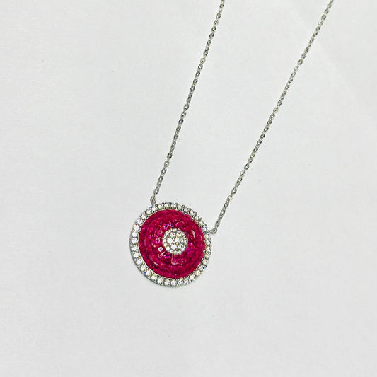 Sterling silver red cubic zircon round shaped chain pendant