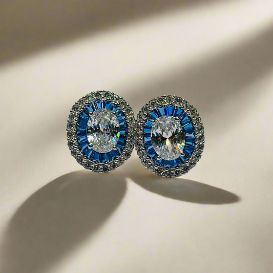 Sterling silver blue white halo zircon studs earings