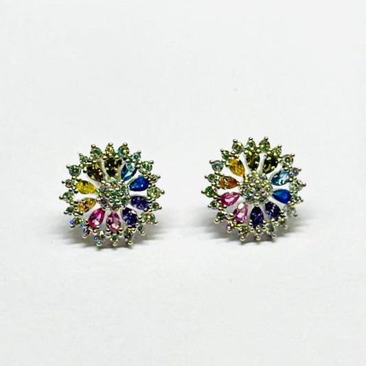 STERLING SILVER RAINBOW SAPPHIRE ZIRCON CLUSTER STUD EARINGS