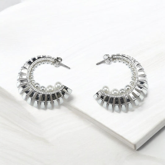 Silver Crescent Pearl Earrings with White Enamel