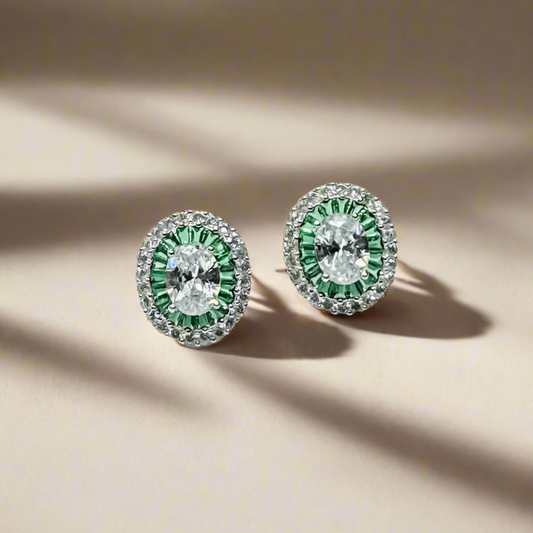 Sterling silver luxury emerald green oval zircon stud earings