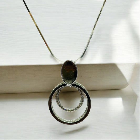 STERLING SILVER HALLMARKED TRIPLE CIRCLE CIRCULAR ZIRCON DROP PENDENT EARING WITH CHAIN