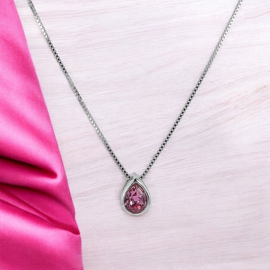 SILVER CHAIN WITH PENDANT OF SWAROVSKI BLUISH PINK DROP SHAPE CRYSTAL