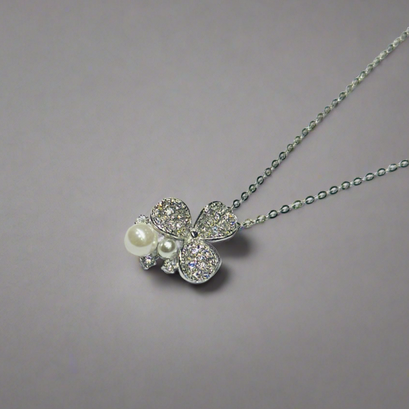 Sterling silver pave zircon pearl flower pendant chain