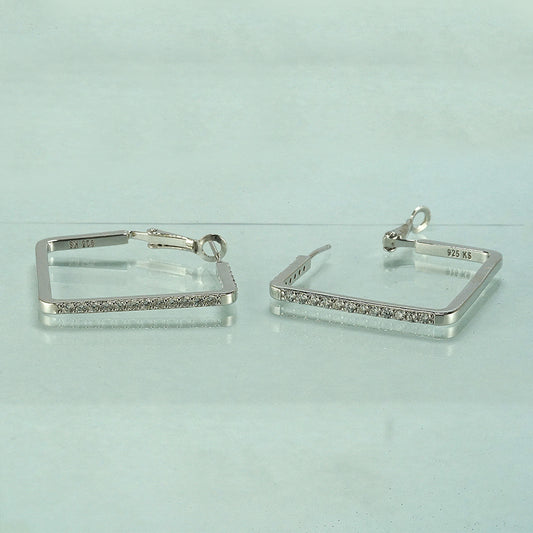 silver big square shaped earring with zircon