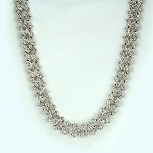 silver partywear rectangular patterned cuban link men's chain studded with zircon