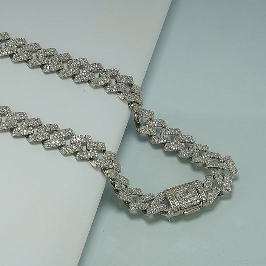 silver partywear rectangular patterned cuban link men's chain studded with zircon