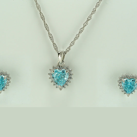 silver blue halo heart shape pendent chain set