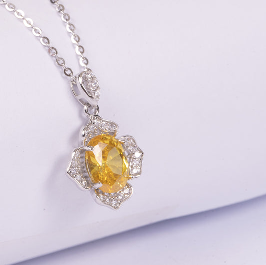 STERLING SILVER BLOOM OVAL YELLOW ZIRCON PENDANT WITH CHAIN