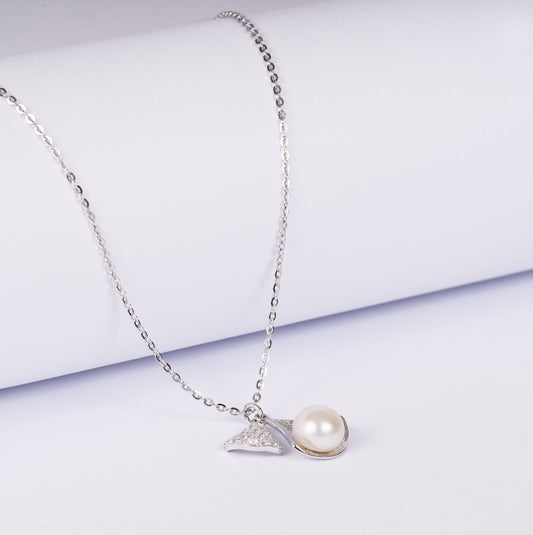 STERLING SILVER TINY LEAF PEARL ZIRCONIA STUDDED PENDENT CHAIN