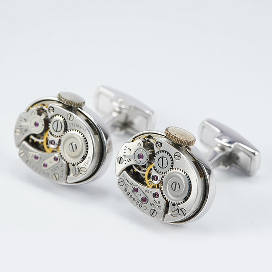 silver watch mechanical movement cufflinks