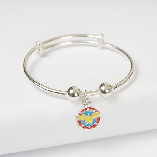 SILVER WONDER WOMEN HANGING KIDS KADA WITH YELLOW ,RED AND BLUE ENAMEL