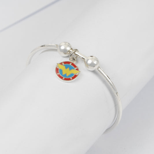 SILVER WONDER WOMEN HANGING KIDS KADA WITH YELLOW ,RED AND BLUE ENAMEL