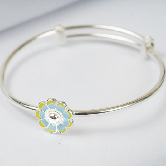 Silver yellow and blue enameled flower kid's kada