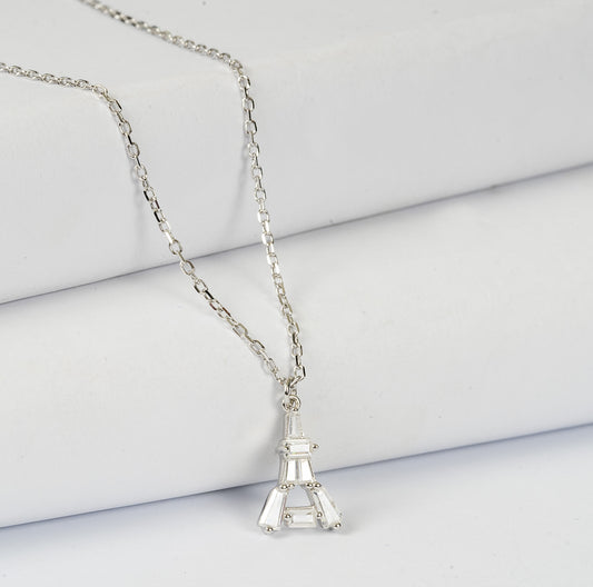 SILVER EIFFEL TOWER STUDDED WITH BUGGET SETTING ZIRCONIA PENDENT WITH CHAIN