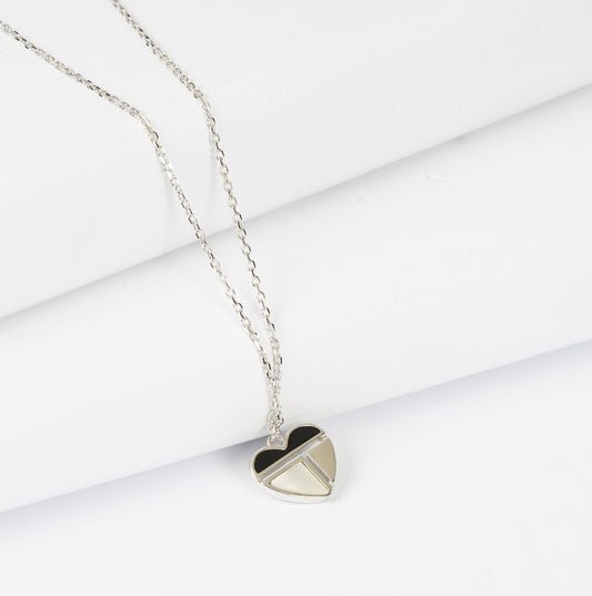 SILVER CHAIN WITH BLACK ENAMELED AND MOP HEART SHAPED PENDANT