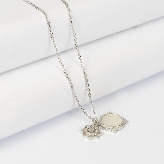 SILVER CHAIN WITH BEAUTIFUL FLOWER CRAFTED PENDENT WITH MOTHER OF PEARL BACKGROUND