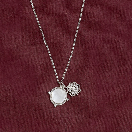 SILVER CHAIN WITH BEAUTIFUL FLOWER CRAFTED PENDENT WITH MOTHER OF PEARL BACKGROUND