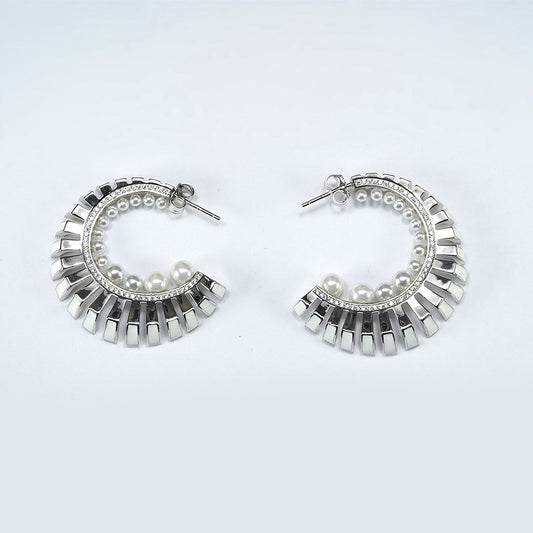 silver crescent earring with pearls and white enamel