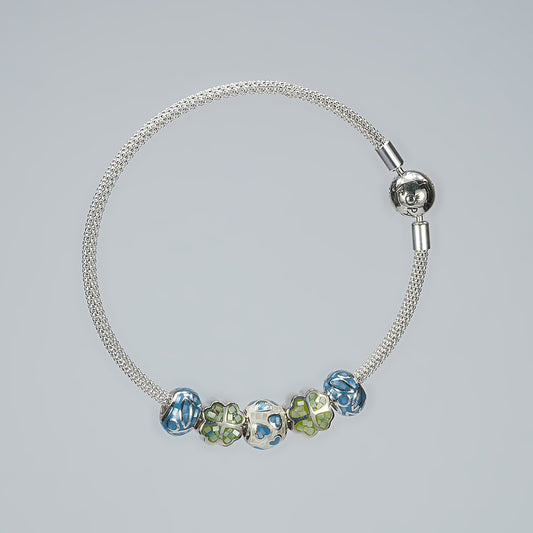 silver moving balls stylish bracelet with blue, green and white enamel