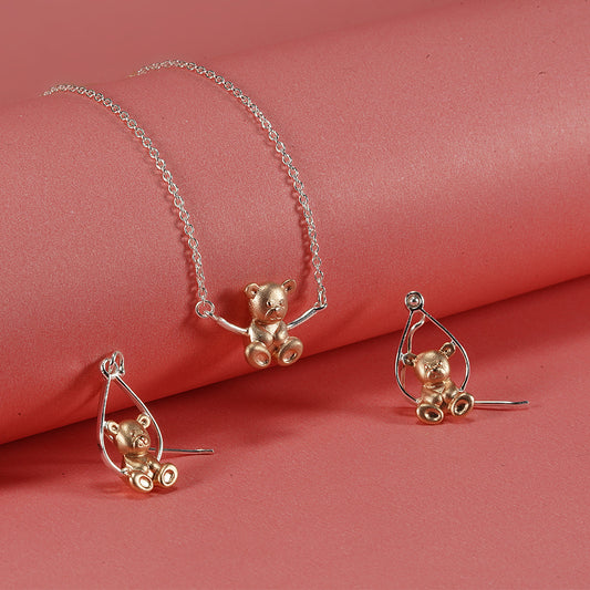 silver chain set with rosegold plated cute little swinging teddy pendent set