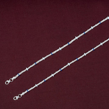 SILVER STYLISH ANKELETS WITH BLUE AND LIGHT BLUE MEENA