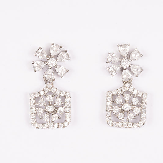 STERLING SILVER EXOTIC BLOOM FLORAL ZIRCON STUDDED EARRINGS