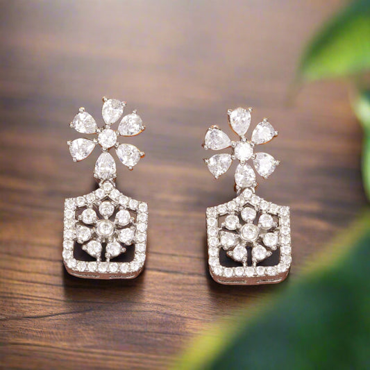 STERLING SILVER EXOTIC BLOOM FLORAL ZIRCON STUDDED EARRINGS