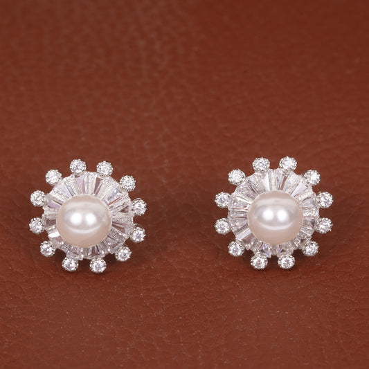 STERLING SILVER PEARL AND ZIRCON STUDDED ROUND EARRING