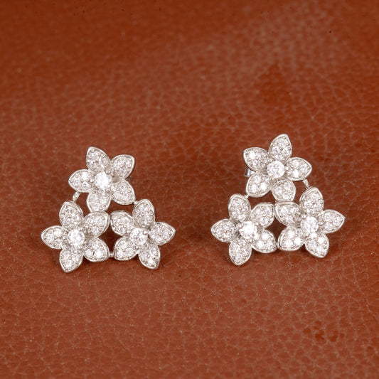SILVER CAPTIVATING TRIPLE FLOWER BUNCH STUDDED WITH ZIRCONIA EARRINGS