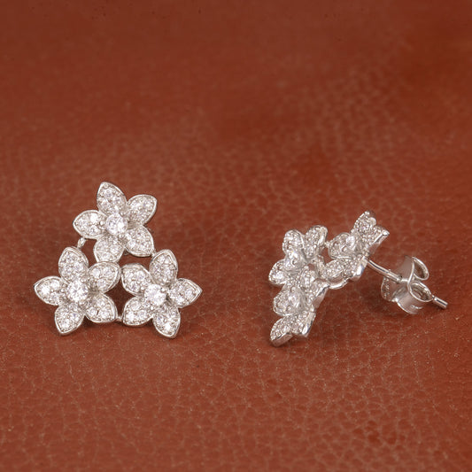 SILVER CAPTIVATING TRIPLE FLOWER BUNCH STUDDED WITH ZIRCONIA EARRINGS