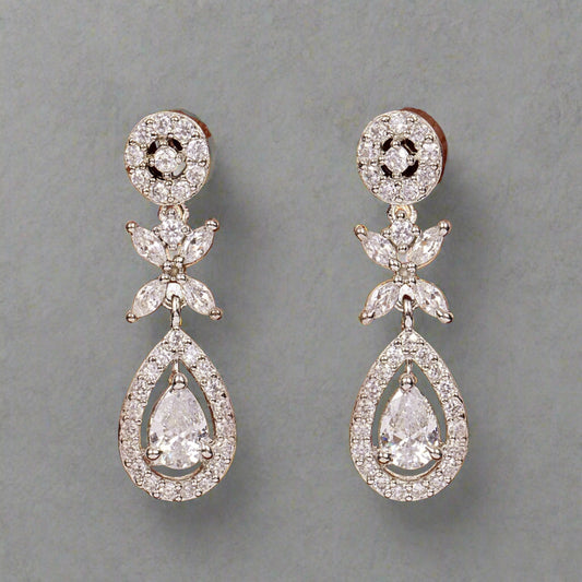 STERLING SILVER HALO ROUND FLORAL TEARDROP ZIRCON STUDDED EARRINGS