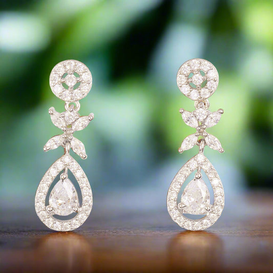 STERLING SILVER HALO ROUND FLORAL TEARDROP ZIRCON STUDDED EARRINGS