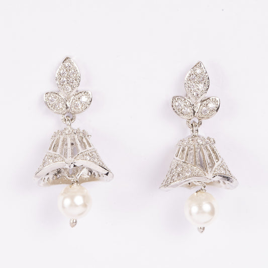 SILVER BELL SHAPE JHUMKI WITH PEARL DROPLET ZIRCON STUDDED