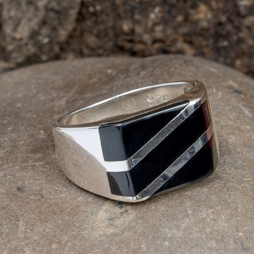 SILVER BLACK ENAMEL MEN'S RING