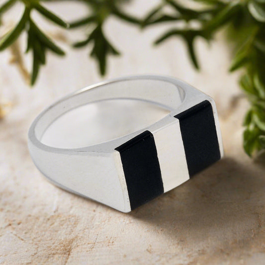 SILVER MEN'S BLACK ENAMELED RING