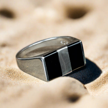 SILVER MEN'S BLACK ENAMELED RING