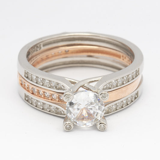 STERLING SILVER SINGLE SOLITARE AND ZIRCON STUDDED ROSE GOLD POLISHED BAND CAN BE WORE IN TWO WAYS