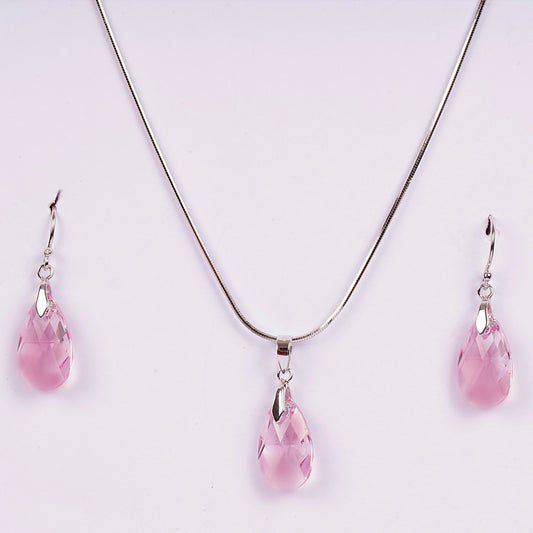 STERLING SILVER ROSE PINK DROPPLET SWAROVSKI CHAIN PANDENT SET