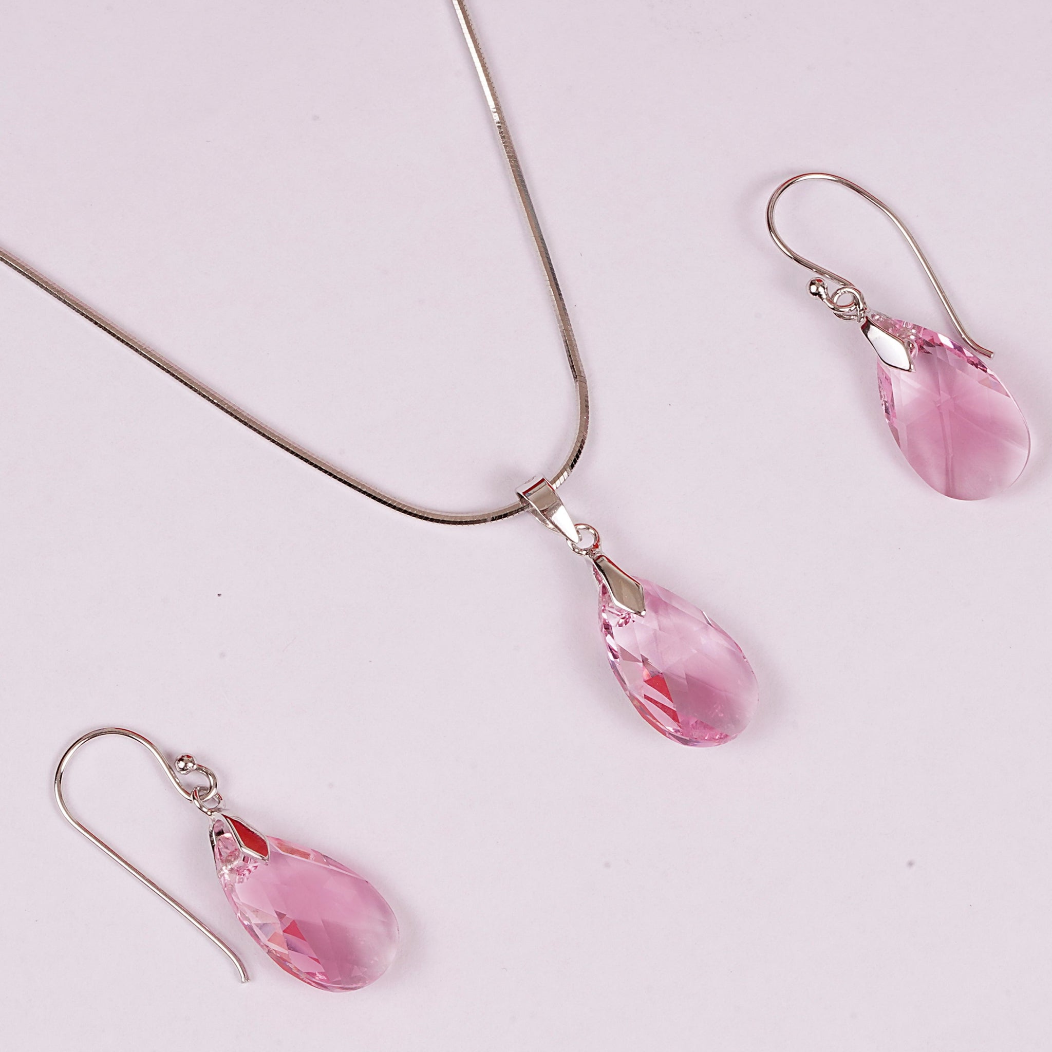 STERLING SILVER ROSE PINK DROPPLET SWAROVSKI CHAIN PANDENT SET