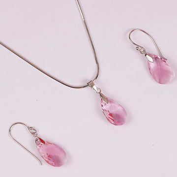 STERLING SILVER ROSE PINK DROPPLET SWAROVSKI CHAIN PANDENT SET