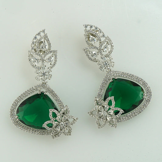 silver emerald crystal studded  with zircon earrings