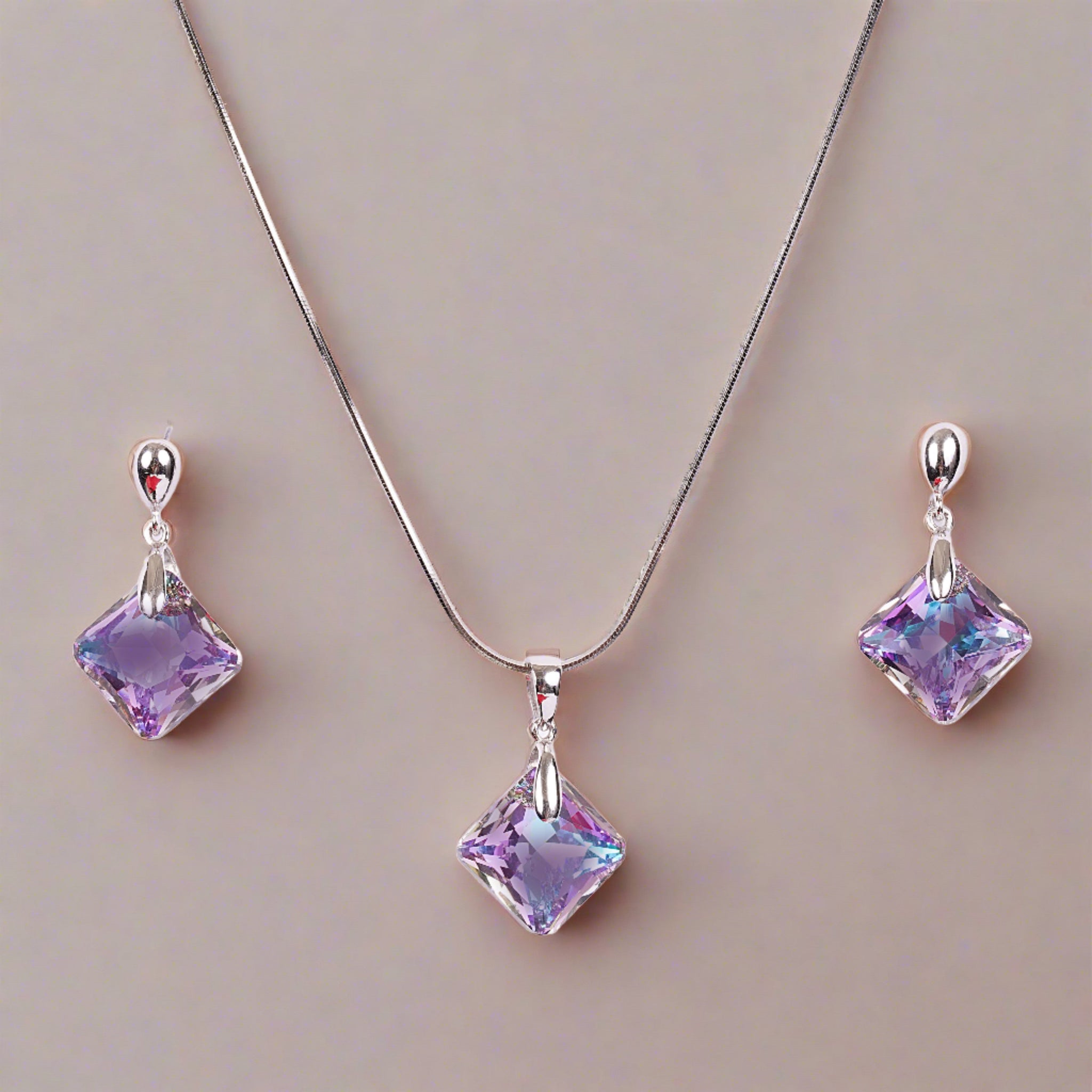 STERLING SILVER SQUARE SHAPE AMETHYST SWAOROSKI PANDENT SET