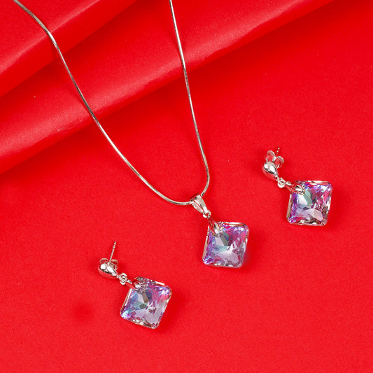 STERLING SILVER SQUARE SHAPE AMETHYST SWAOROSKI PANDENT SET