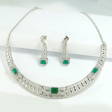 silver green emerald set studded with zircon necklace set