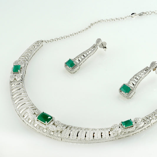 silver green emerald set studded with zircon necklace set