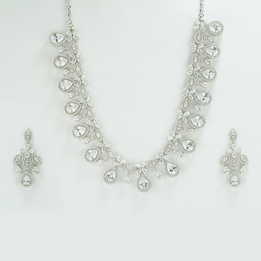 silver elegant drop look pattern zirconia necklace set