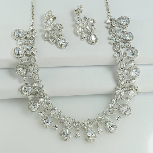 silver elegant drop look pattern zirconia necklace set