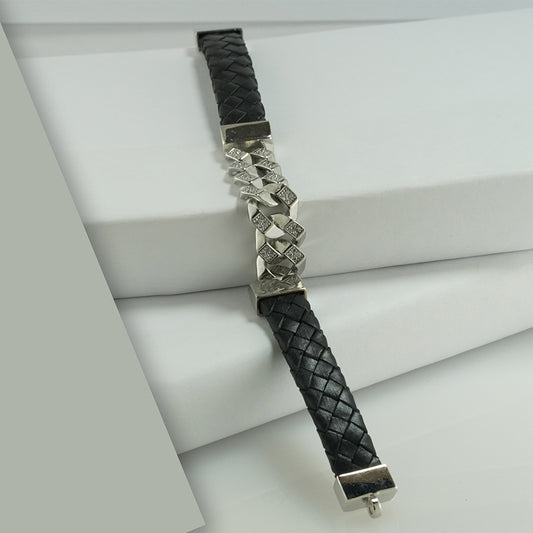 silver cuban bracelet with leather belt studded with zircon