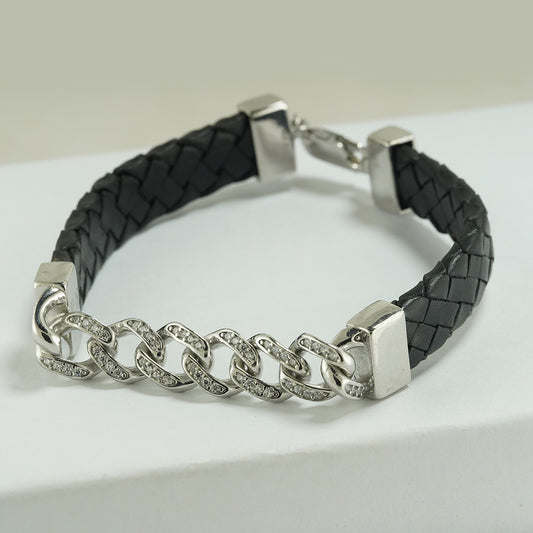 silver cuban links bracelet studded with zircon and leather